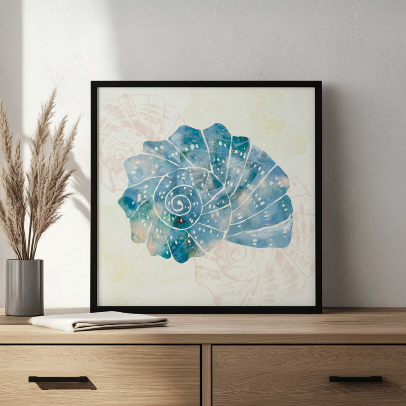 «Blue & White Spiral Shell» par Cat Thurman Designs, reproduction d'art, Noir, L 36 x H 36, Impression encadrée