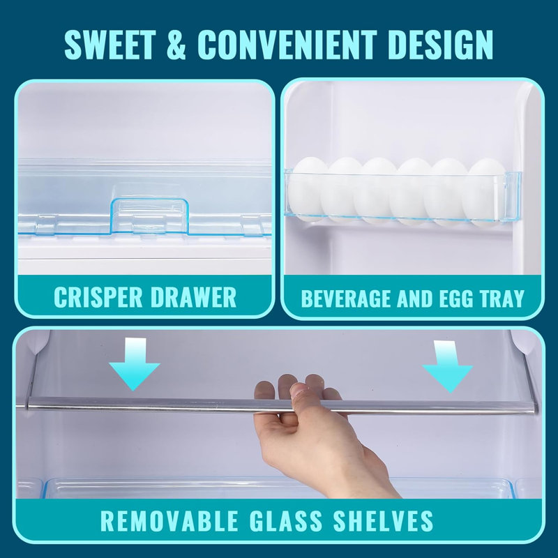 Compact Cream Freestanding Mini Fridge with Glass Shelves