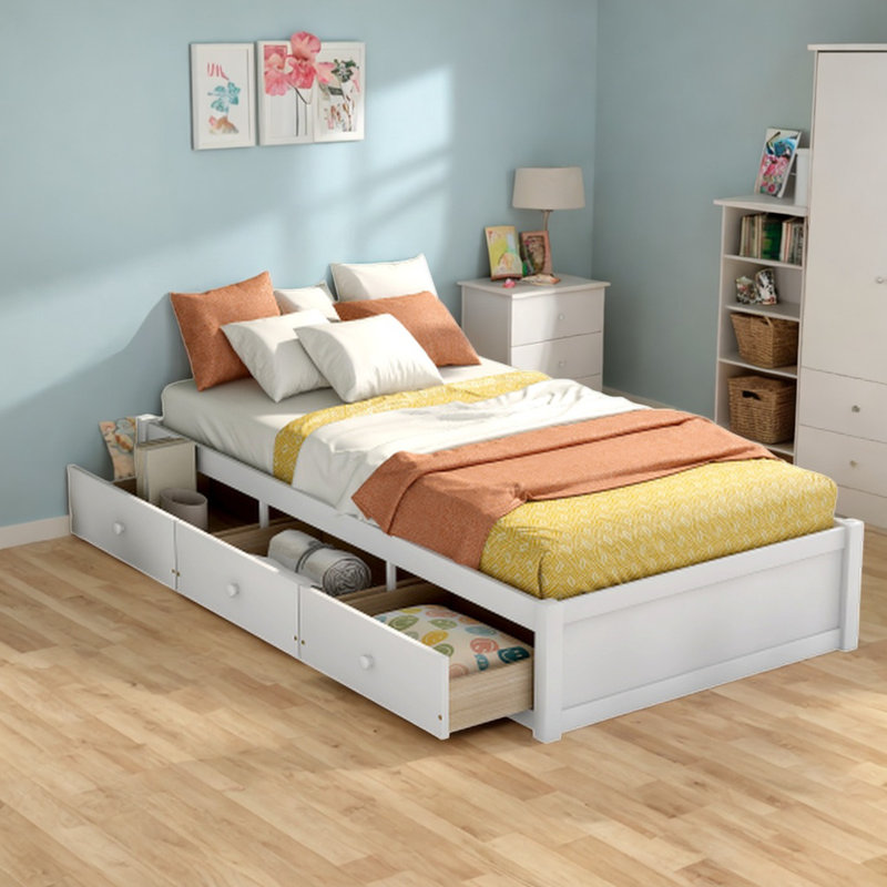 Ilah Twin Bed Platform Storage Bed Frame with 3 Drawers, White