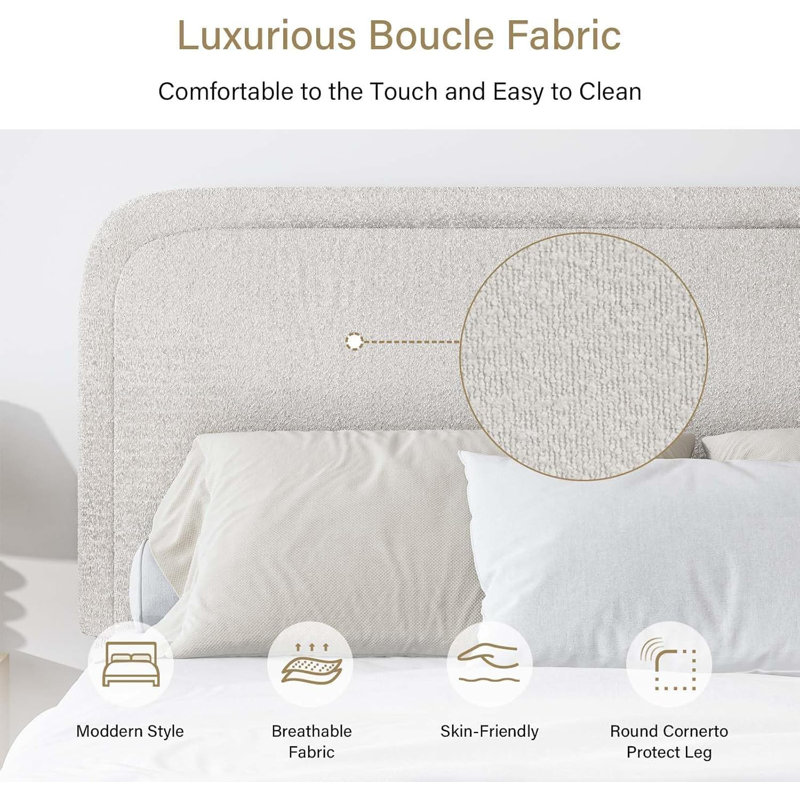 Full Size Cream Boucle Upholstered Platform Bed Frame with Headboard