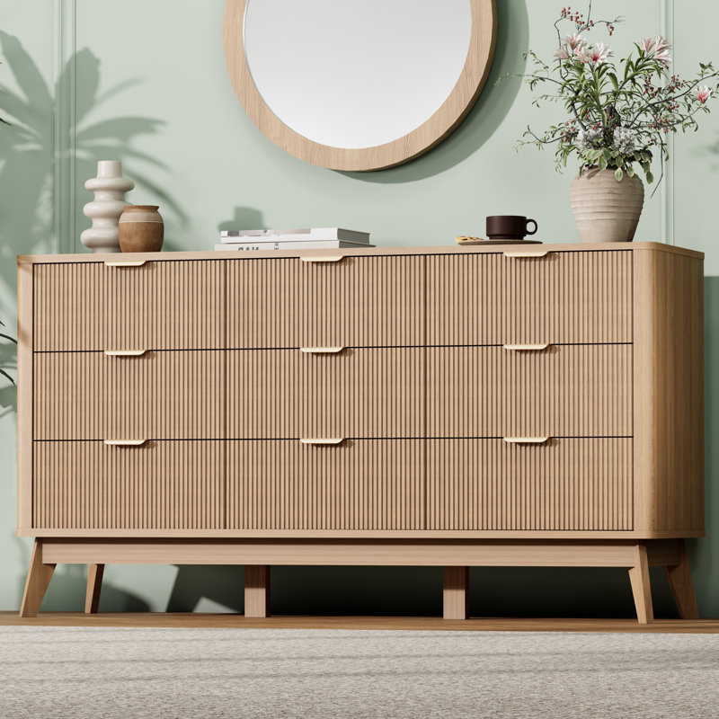 Fluted 9 Drawers Dresser, 59''w 9 Drawers Natural Oak