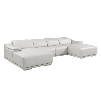 Light Gray  4-Piece U-Shaped Sectional In Genuine Leather With 2 Power Recliner & Adjustable Headrests – Open Seating Design