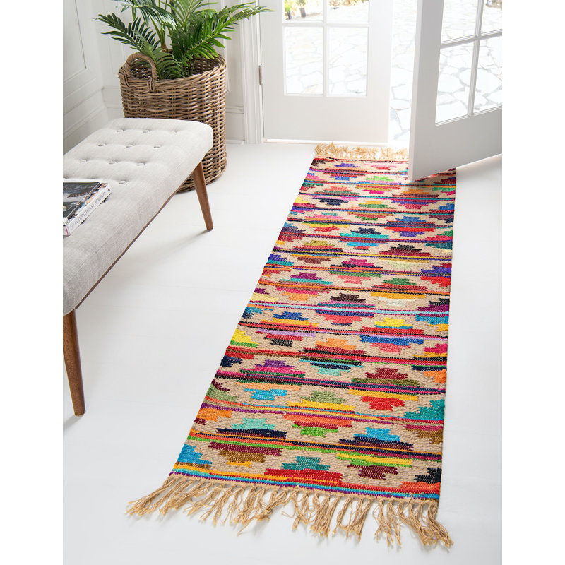 Tapis abstrait en coton fabriqué à la main en jaune, Rectangle 5 pi x 8 pi