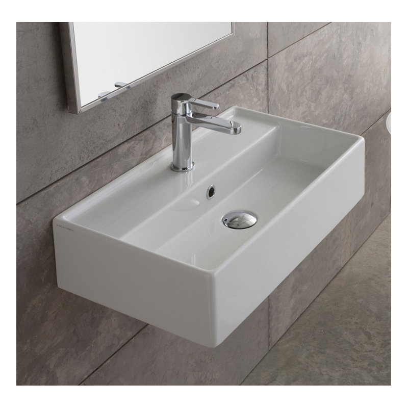 Lavabo de salle de bain mural rectangulaire standard en céramique blanche avec débordement Teorema, Monotrou