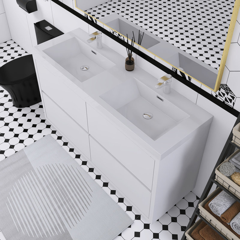 Meuble-lavabo autoportant lustré de 60 po avec double lavabo de comptoir en résine de pierre et tiroirs à fermeture en douceur