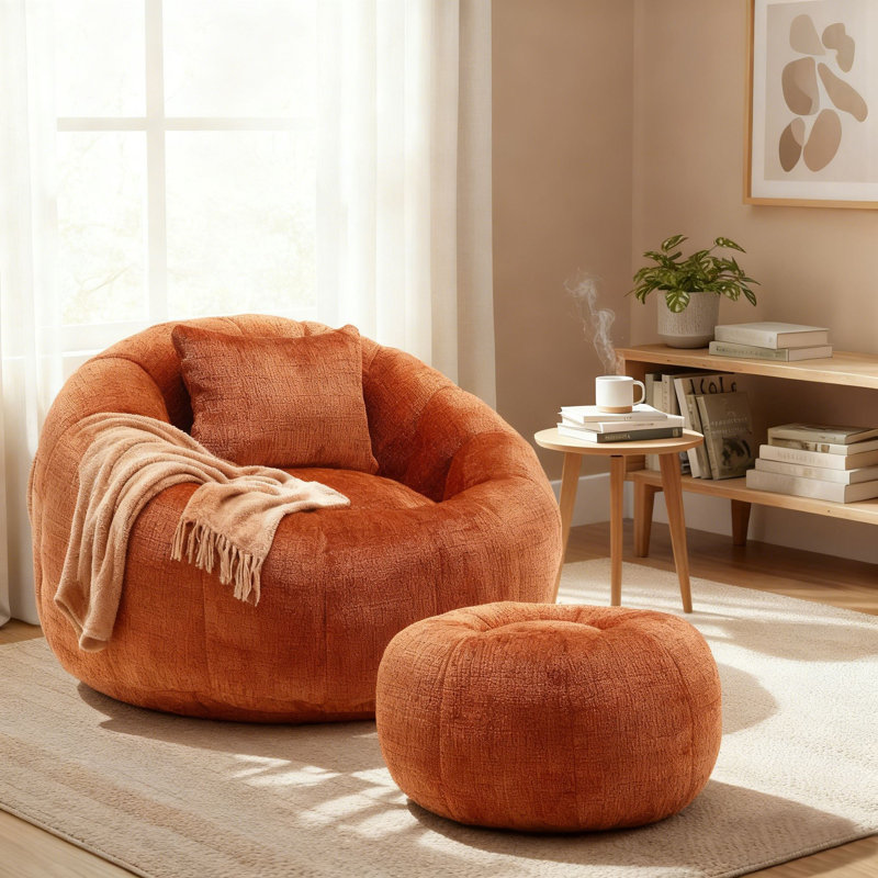 Ensemble de fauteuil à billes et de repose-pieds en mousse viscoélastique Cloud-Like, Chenille orange
