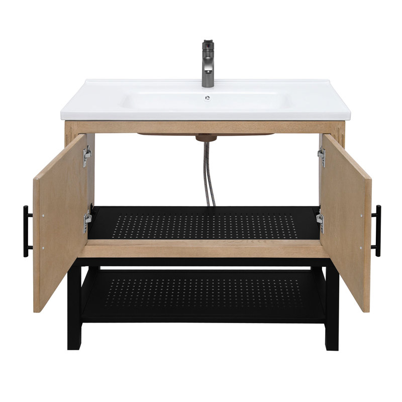 36-Inch Freestanding Bathroom Vanity With White Ceramic Sink, Hot And Cold Faucet, 2 Storage Doors, Open Iron Shelf, Featuring Adjustable Foot Pads, Metal Hinges, Textured Faucet For Ample Durability
