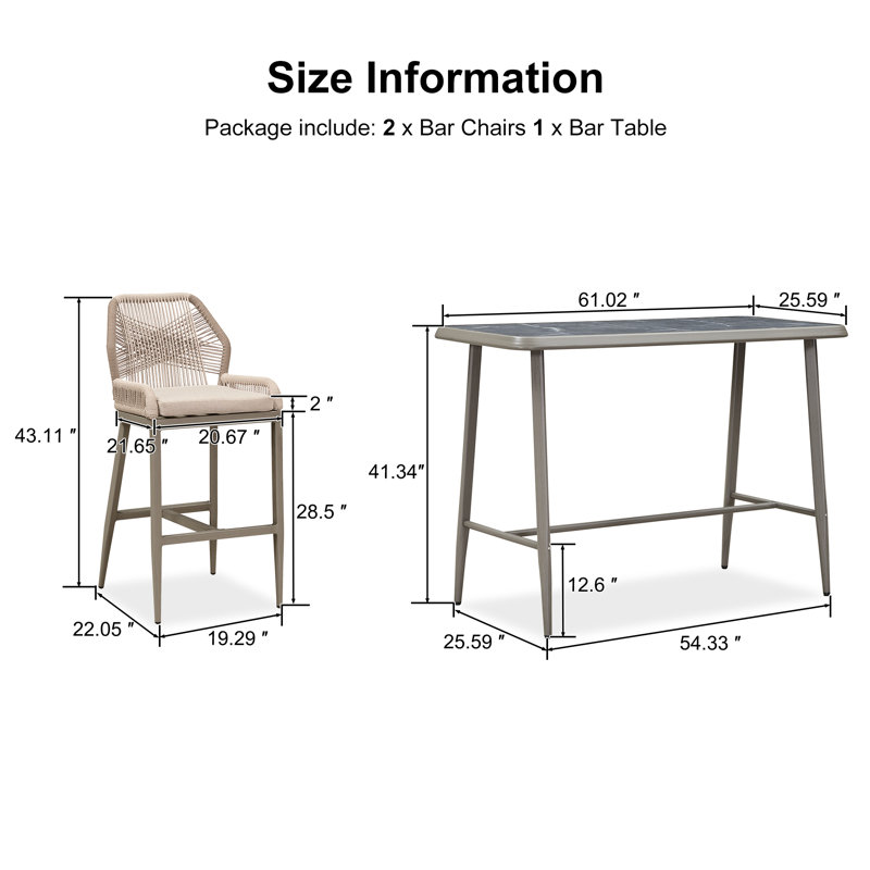 Ensemble de salle à manger en métal pour 2 personnes avec table rectangulaire Mahi, coussins inclus, Brun