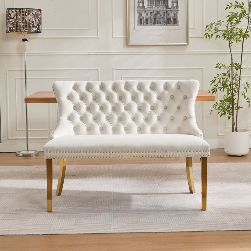 45.6" Upholstered Loveseat, 2-Seat Tufted Bench With Wing Back, White, Gold