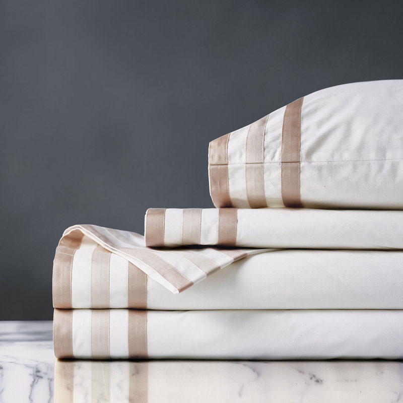 Brentwood Egyptian Cotton Percale Sheet Set, Queen Sheet Set + 2 Pillowcases, White/Taupe