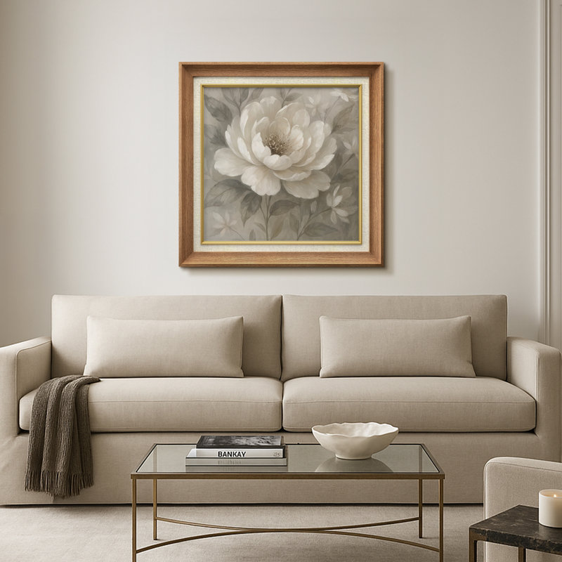 Élégante pivoine beige - impression d'art encadrée sur papier, H 26 po x l 26 po x P 1,5 po