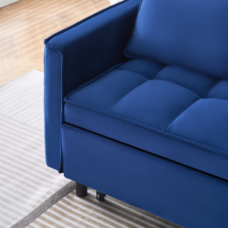 '' dreamlike blue velvet sofa with elegant design, convenient pockets, and three-in-one convertible functionality.