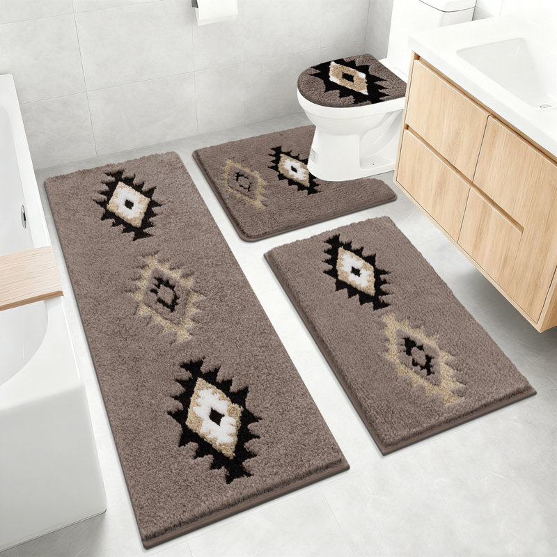 4 Piece Soft Absorbent Microfiber Bath Rug Set With Non-Slip Backing, Brown