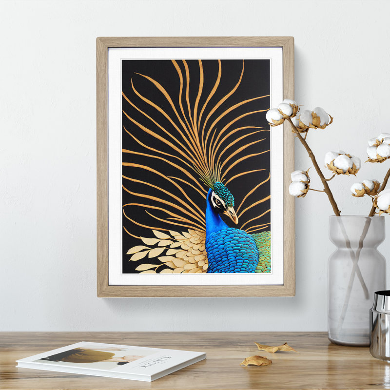 Striking Peacock Art No.4 - Framed Print, 64cm H x 46cm W, Oak