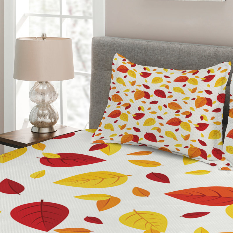 Floral Coverlet, Orange Leaf, King Bedspread + 2 Shams