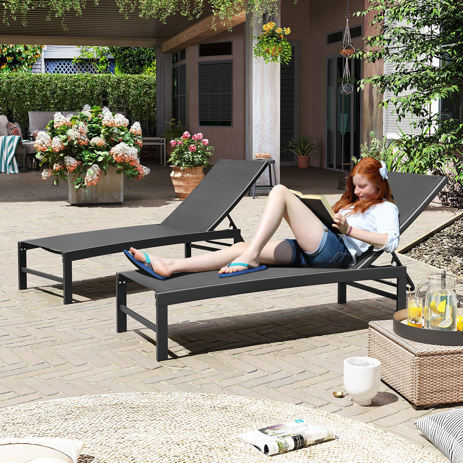 22" Patio Chaise Lounge Set, The Black Mesh/Black Frame