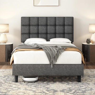 Size Modern Upholstered Bed Frame with Adjustable Square Tufted Headboard