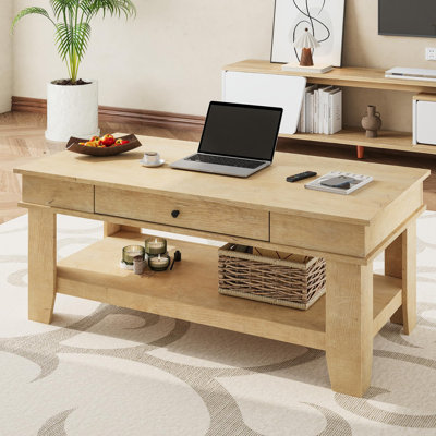 Table basse de style ferme avec rangement, table basse de 47,2 po avec tiroir et tablette de rangement ouverte, tables centrales rectangulaires avec fabrication robuste