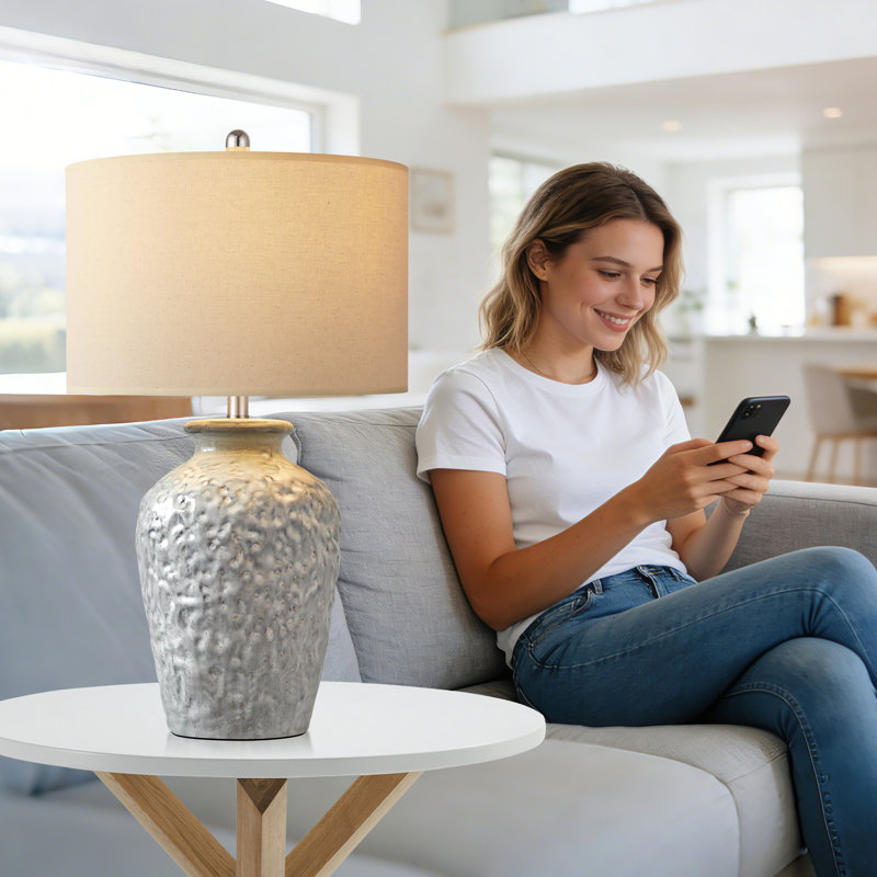 26in Farmhouse Ceramic Table Lamp, Rustic Grey Bedside Lamp With Oatmeal Linen Shade For Bedroom Living Room Office Nightstand