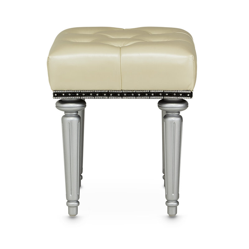 Hollywood Swank Leather Vanity Stool, Silver/Creamy Pearl