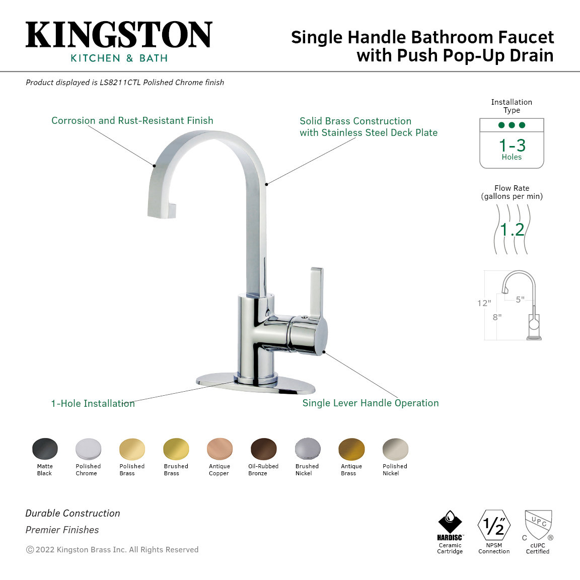 Continental Single-Hole Faucet with Push Drain, Matte Black