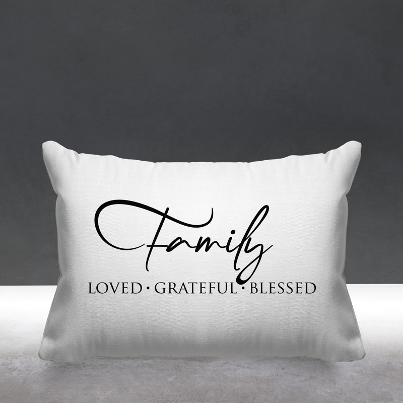 Famille Aspire: Housse et insert de coussin rectangulaire extérieur bien-aimé, reconnaissant et heureux, Blanc