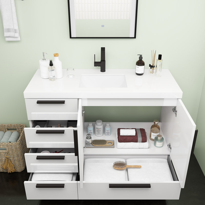 Meuble-lavabo autoportant avec tiroirs latéraux Carla, Blanc brillant, 47"
