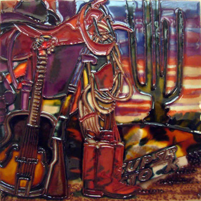 Cowboy Boots Guitar Gun 8x8" Wall Décor Ceramic Art Tile and Trivet Hot Plate