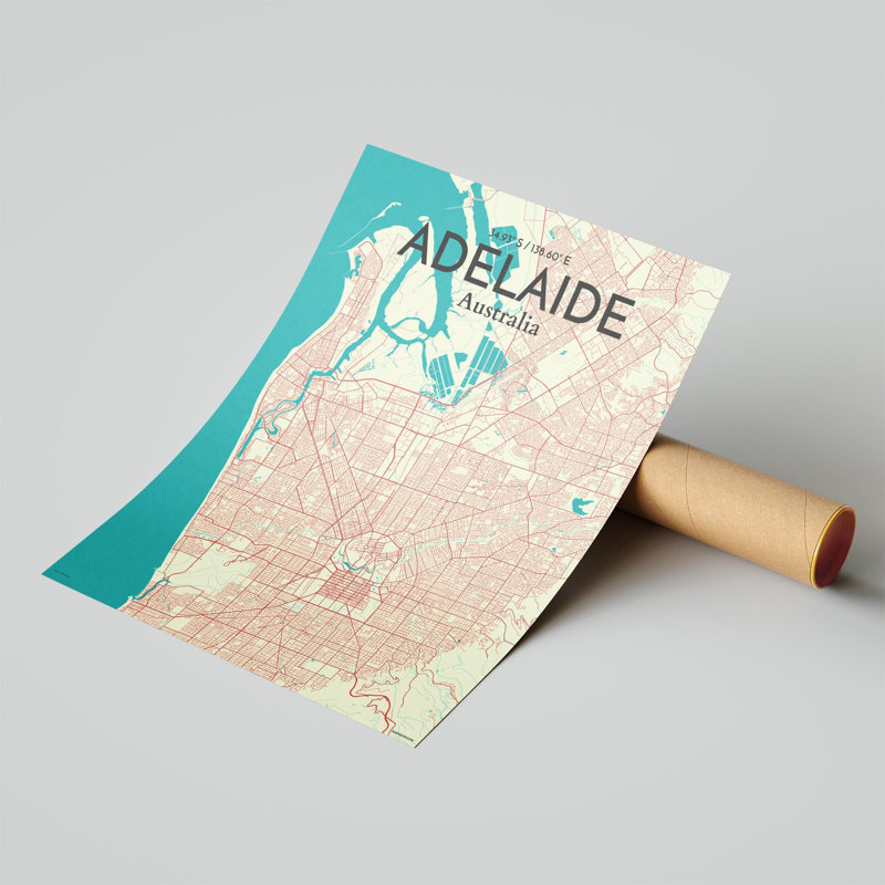 Adelaide City Map, impression, H 20 po x l 16 po, Vert / beige