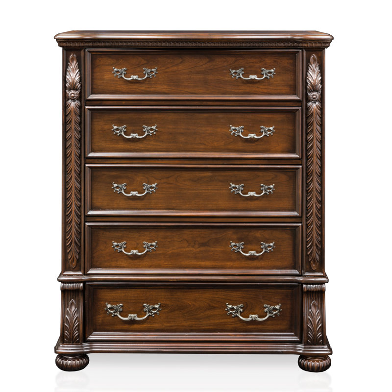 56 Inch Classic Tall Dresser Chest, 5 Drawers, Antique Handles, Wood Brown