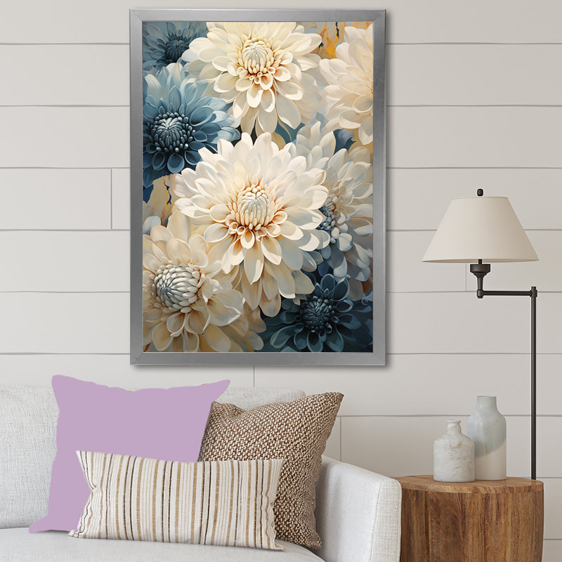 «Mums White and Blue Elegance I», reproduction sur toile, Cadre simple argenté, H 40 po x l 30 po x P 1,5 po