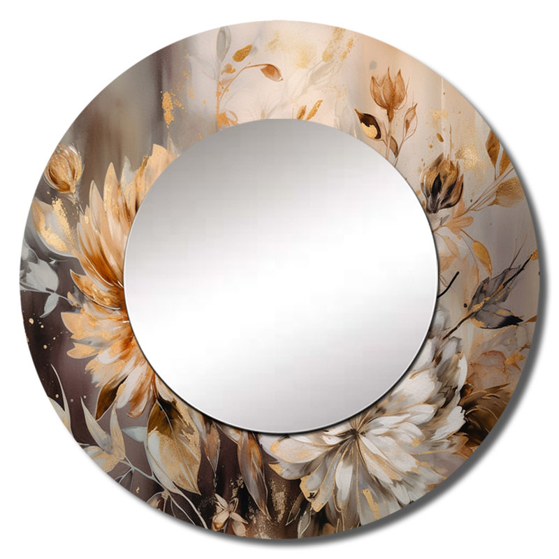 Ollye Gold White Chrysanthemum Artistry - Chrysanthemums Large Mirror, Traditional Round Decorative Wall Mirror, Printed Metal Art