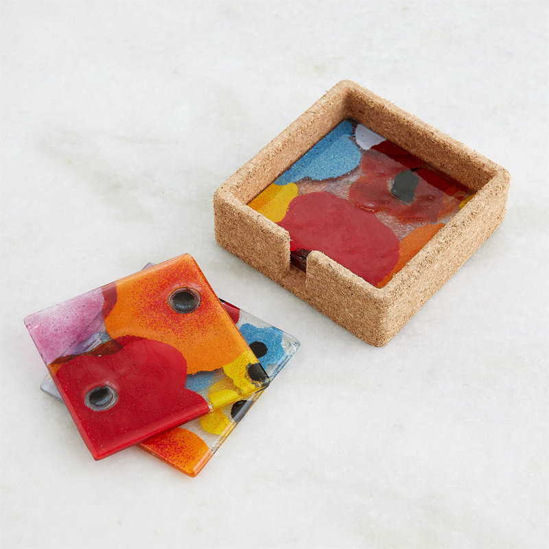 Fused Floral Coaster Set With Holder