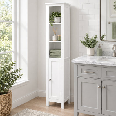 Meuble de rangement étroit pour salle de bain de 162,5 cm de hauteur, avec tablettes ajustables, porte réversible et système antibasculement, blanc.