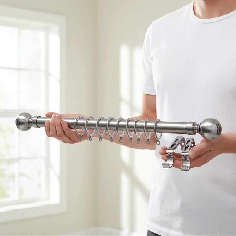 Adjustable 2.5cm Curtain Rod Set, Brushed Silver, 120cm - 210cm