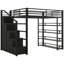 Lit mezzanine en métal avec tablettes de rangement, armoires et garde-robe