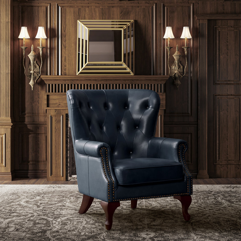 Ansumana 31.5" W Genuine Leather Wingback Armchair with Nailhead Trim, Navy Genuine Leather