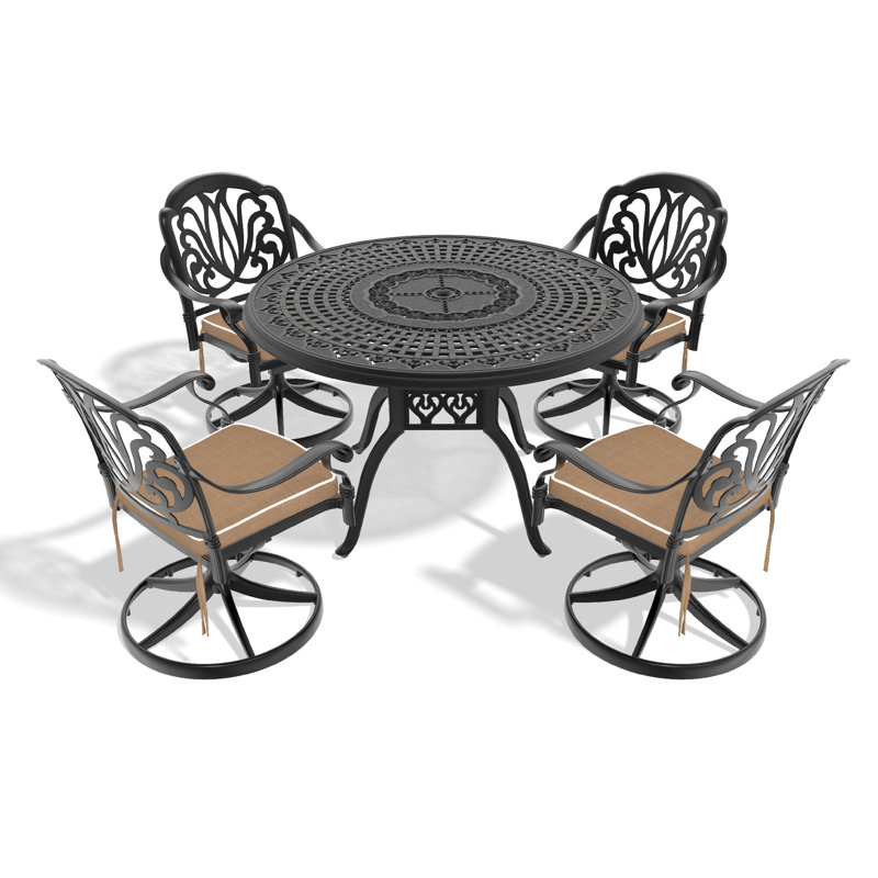 Ensemble de salle à manger 5 pièces en aluminium coulé résistant aux intempéries, comprenant 4 chaises pivotantes et une table ronde de 47,24 po avec structure noire