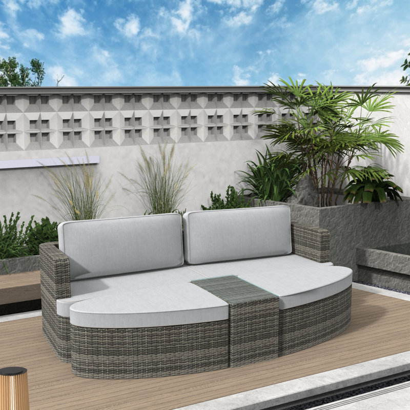 Anazco 89'' Wide Curved Patio Daybed with Cushions, Gray, Beige