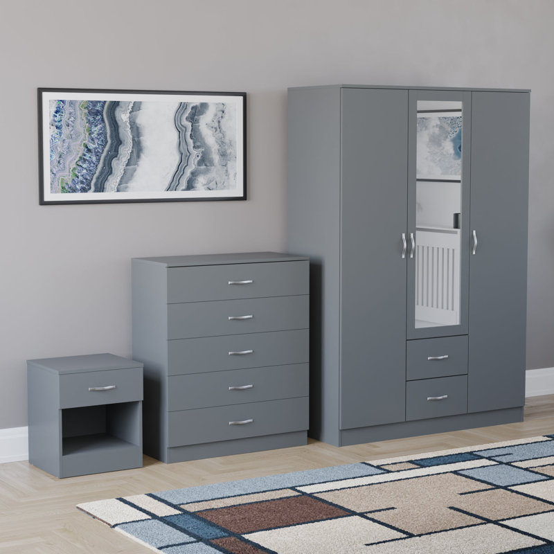 Maybery 3 Piece Bedroom Set (1 Drawer Bedside Chest, 5 Drawer Chest, 3 Door 2 Drawer Mirrored Wardrobe), (5), Grey