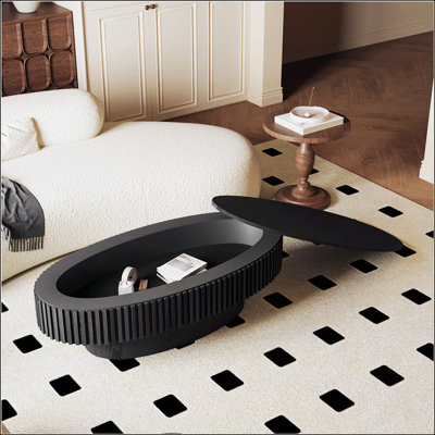 Table basse ovale avec rangement caché, placage en bois massif, décor moderne pour le salon et la chambre à coucher