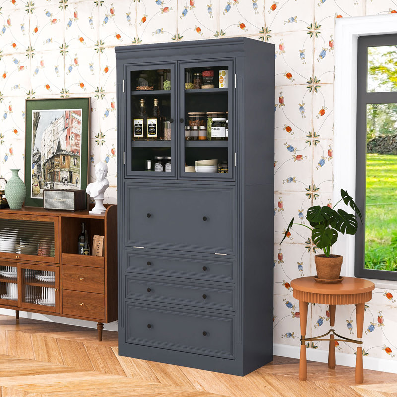 Armoire de cuisine avec 3 tiroirs, tablettes réglables, prise de courant et ports USB, Gris
