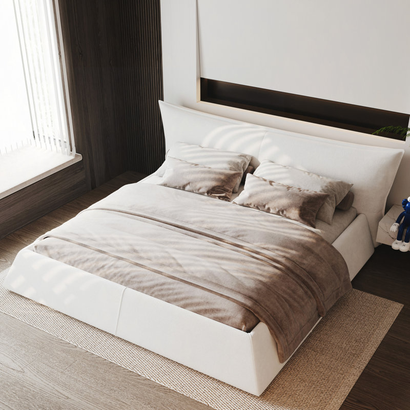 Lit plateforme tapissier avec tête de lit en velours de forme spéciale, structure en métal et bois massif, Beige