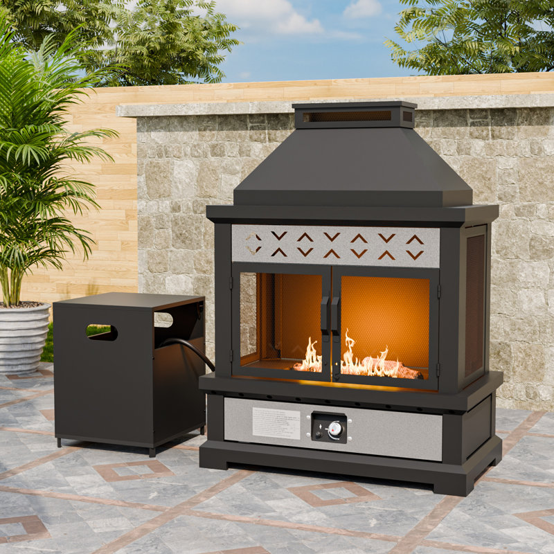Outdoor Propane Gas Fireplace with Tank Table, 50000 BTU Steel Fire Pit, PVC Cover & Ceramic Logs
