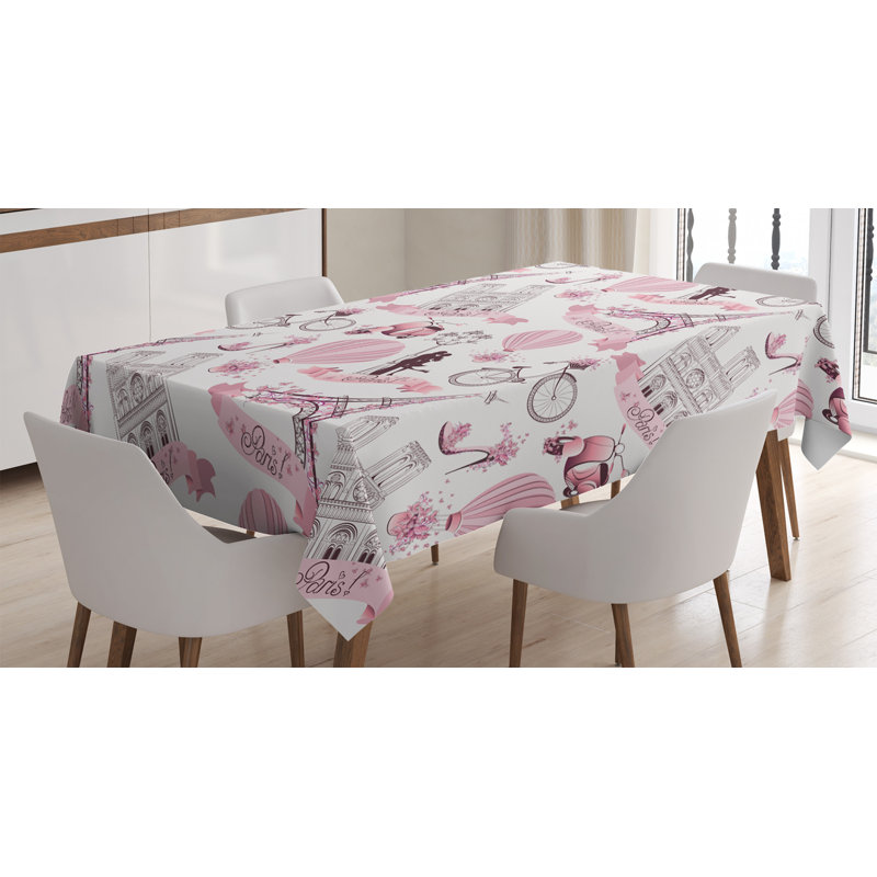 Ambesonne Eiffel Tower Tablecloth, Travel In Paris Theme Honeymoon Flowers Romance Hot Air Balloon Bike, Rectangular Table Cover For Dining Room Kitchen Decor, 52" X 70", Pale Pink White