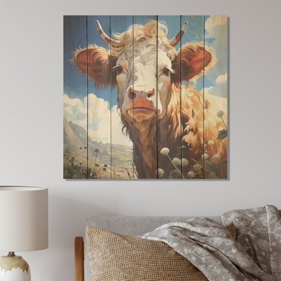 Portrait de vache dans un pré de fleurs - animal de vache sur bois