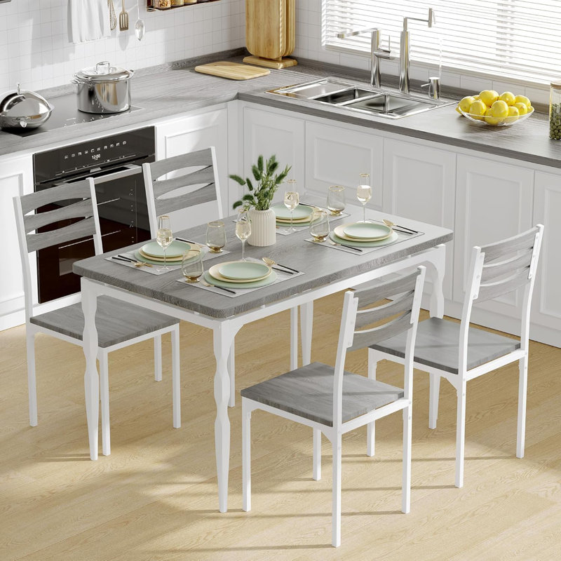 Space-Saving 5 Piece Industrial Dining Table Set for 4 – Compact Rectangular Table & Chairs, Spiral Metal Legs, Mark-resistant-Resistant, Ideal for Dining Room or Apartment – Washed Ash
