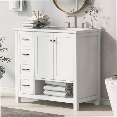 Meuble-lavabo blanc 36 po avec deux portes et tiroirs