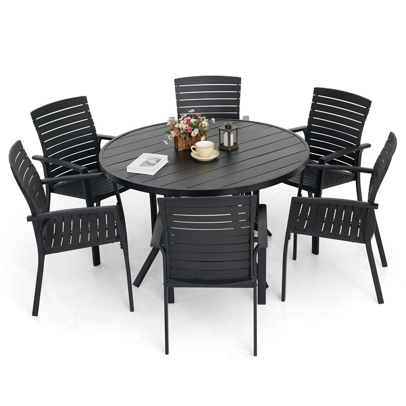 Patio Dining Set With Aluminum Frame Chairs, 7 Pieces: Table, 6 Chairs, 28" H x 48" W x 48" D
