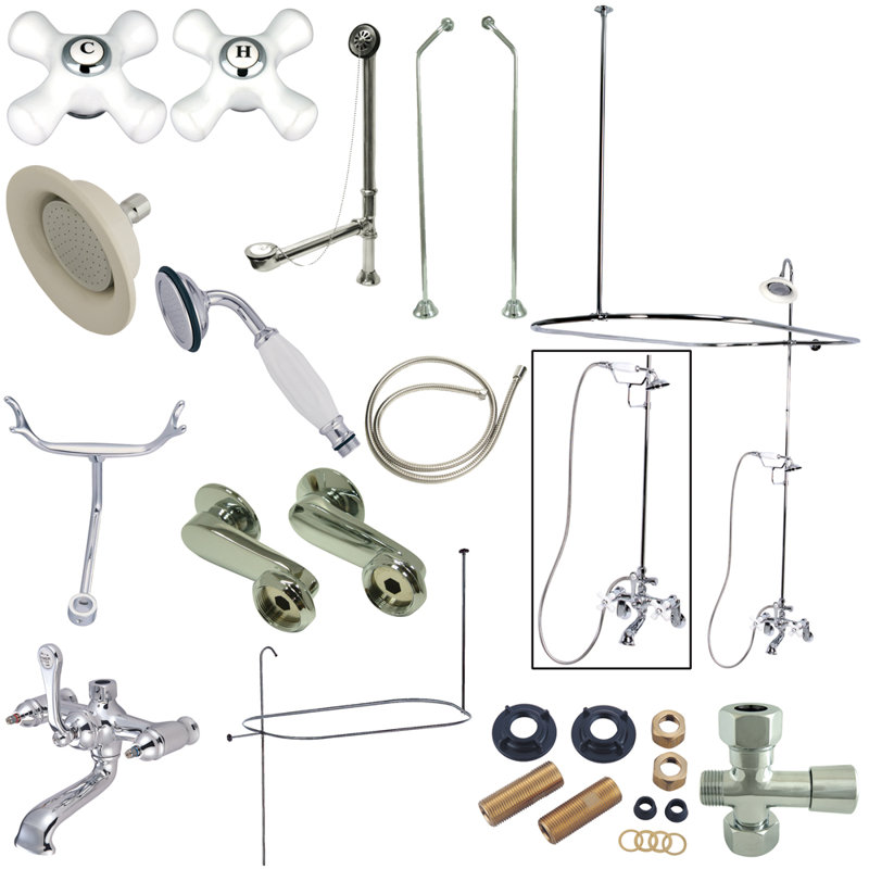 Kingston Brass Vintage Three-Handle 2-Hole Tub Wall Mount Clawfoot Tub Faucet Package with Shower Enclosure and Hand Shower